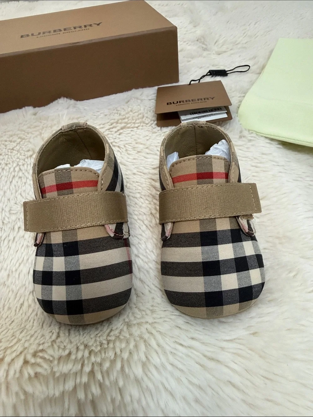 Burberry Beige Black Check Baby Walker Shoes with Tan Strap